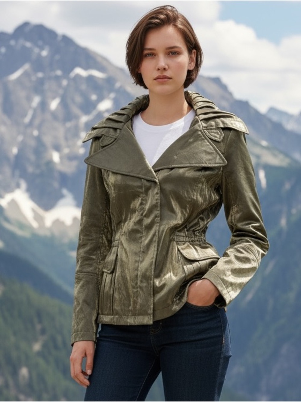 HILLARY RADLEY Metallic Coat Pleated Collar Full Zip Snap Green Jacket